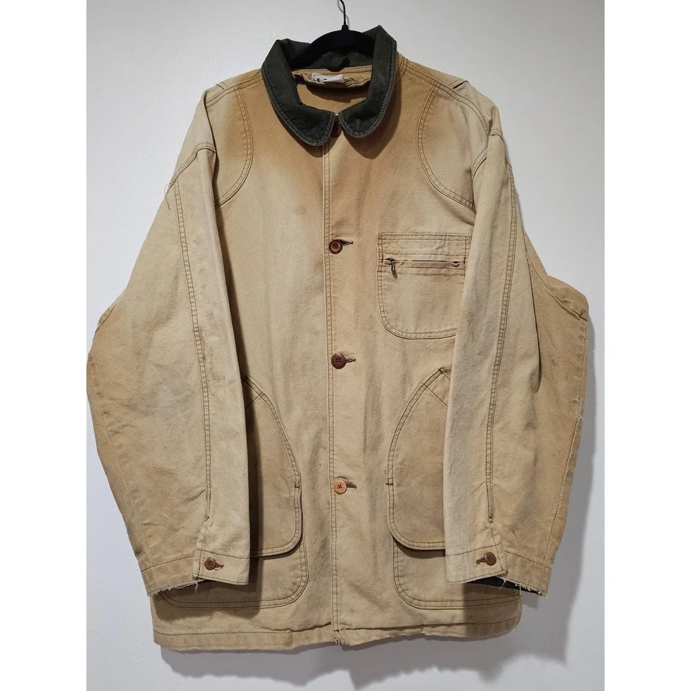 LL Bean Jacket Mens 2XL‎ Tan Canvas Barn Coat Corduroy Collar Workwear Utility